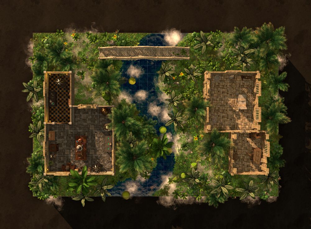 TTRPG grid map depicting a ruined temple complex straddling a river. There is a bridge to the North, a ruined chapel to the East, and the building on the West side seems to have been taken over by an alchemist.