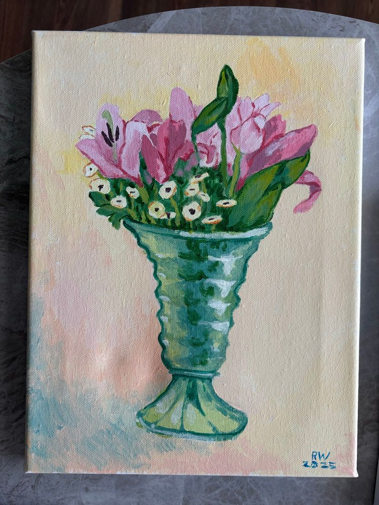 an acrylic painting of pink lilies and white daisies in a cone shaped green depression-glass vase #art #painting