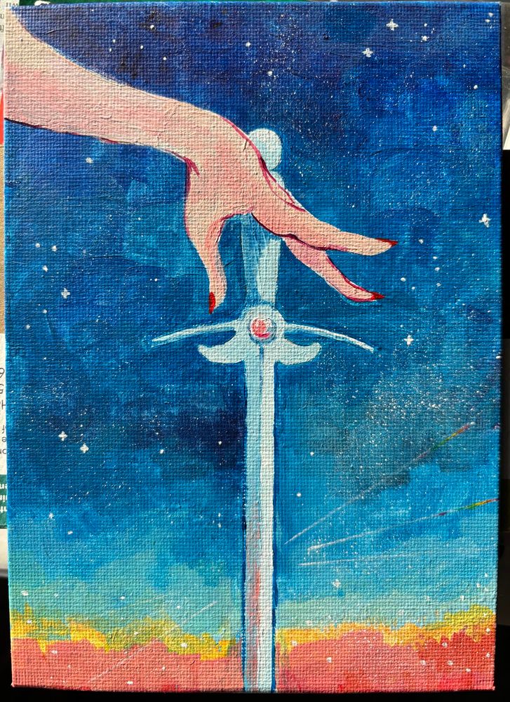 acrylic painting of a feminine hand reaching for a cool sword with a sunrise palette #art #illustration