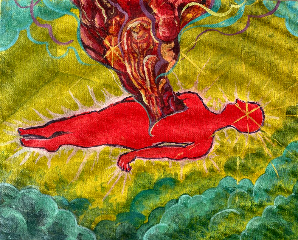 a painting. image of a person in red, internal organs exiting the body like a cloud, surrounded by blue-green mist.