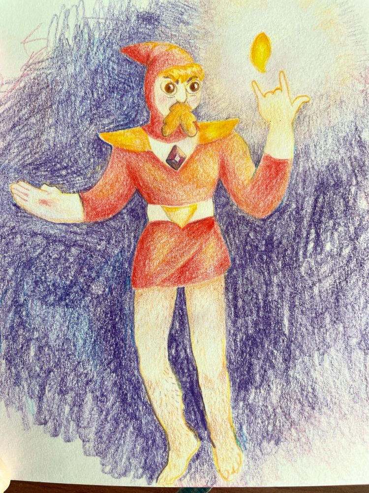 a burly wizard man in a red robe that reveals his hairy legs. he has a big red mustache and is conjuring a flame in his hand. #art #illustration