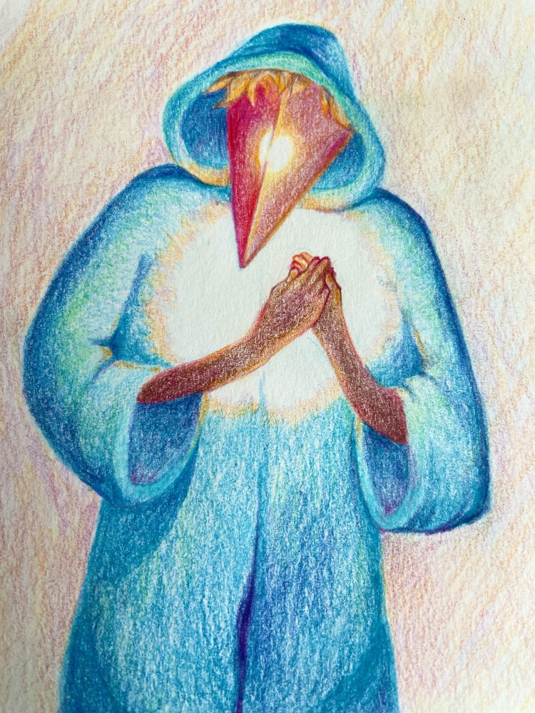 a crystal wizard with a blue robe and a magenta crystalline mask with a sharp point at the front. their hands are clasped over their heart, which is glowing. #art #illustration
