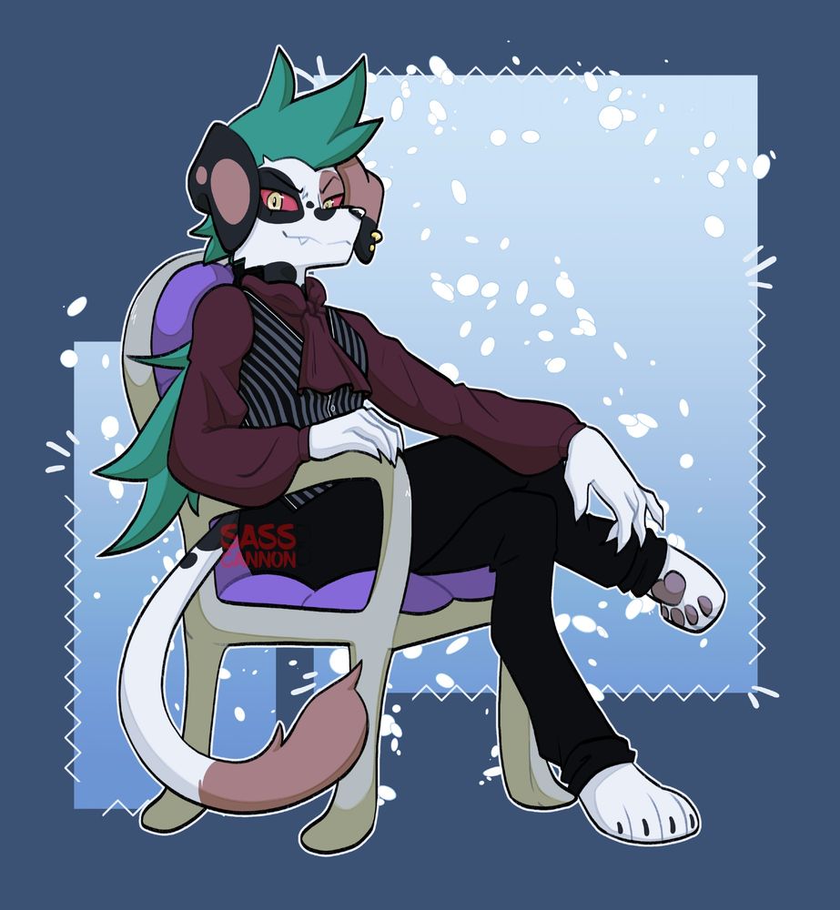 An OC of mine; Karma the Dalmatian. She sits in a chair like it's her throne, wearing a fancy get up like she's at a party.