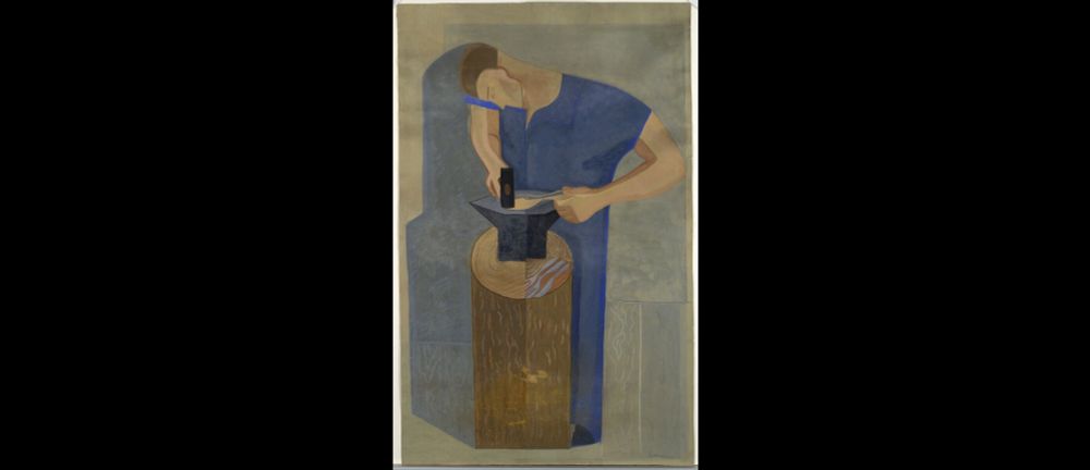 Stylized painting of a blacksmith at work. The figure is dressed in a blue outfit, bending over an anvil placed on a large wooden stump. The blacksmith holds a hammer in one hand and a piece of metal in the other, appearing to be in the process of shaping it. The background is composed of muted gray and beige tones, giving the scene a minimal, abstract atmosphere. 
