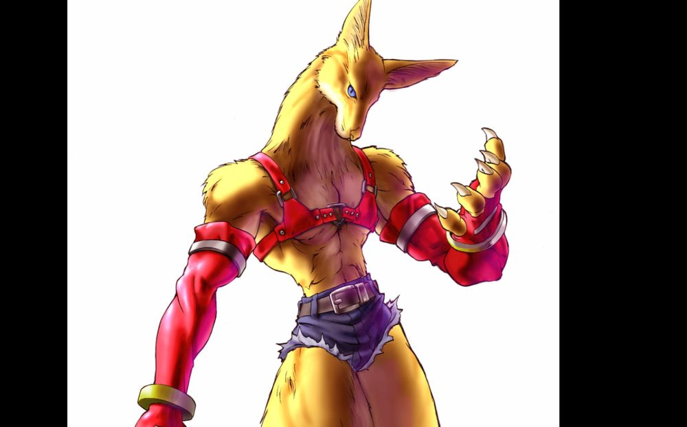 A yellowish brown anthro fox wearing a red harness, cutoff shortshorts with red 3/4 length sleeves held no with metal rings. It's staring intensely and is beconing the viewer with the claws on his hands. (Fox beast Hans, Bloody roar 1)