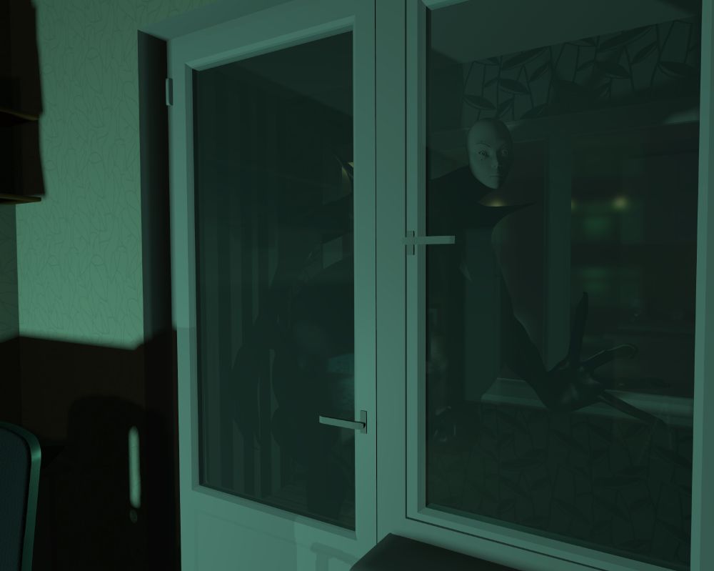 Nighttime indoors, the bluegreen light from the TV reflects on the window. Through the glass, something is moving. A blank white face peers in while long black fingers skitter on the glass, pressing, testing the latch...