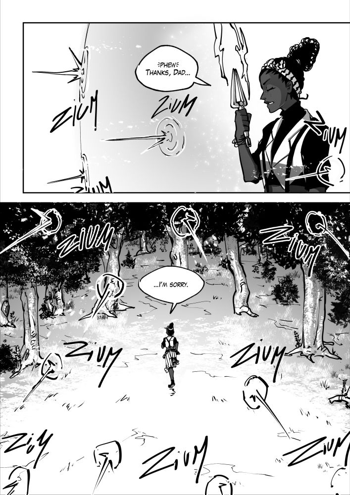 a two panel page of the comic March Clown Tell, the protagonist, Tell, has finished her ritual to create a vast shield wall capable of stopping the bullets and pursuit of the insidious inquisitors that chase her and her friends, the ritual complete, she flees to chase after her friends

text boxes panel 1: 

Tell: *phew* thanks, Dad..

panel 2: 

Tell: ...I'm sorry.