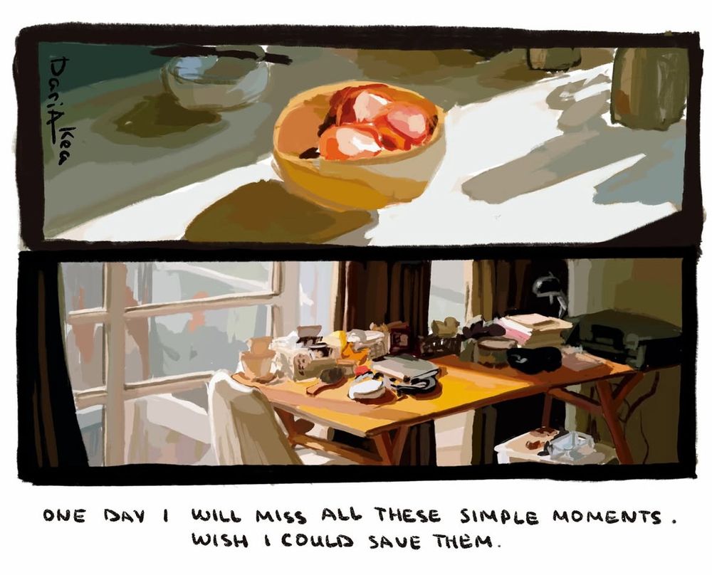 A painting of sunset desks and peaches with text “ONE DAY I WILL MISS ALL THESE SIMPLE MOMENTS.
WISH I COULD SAVE THEM.”