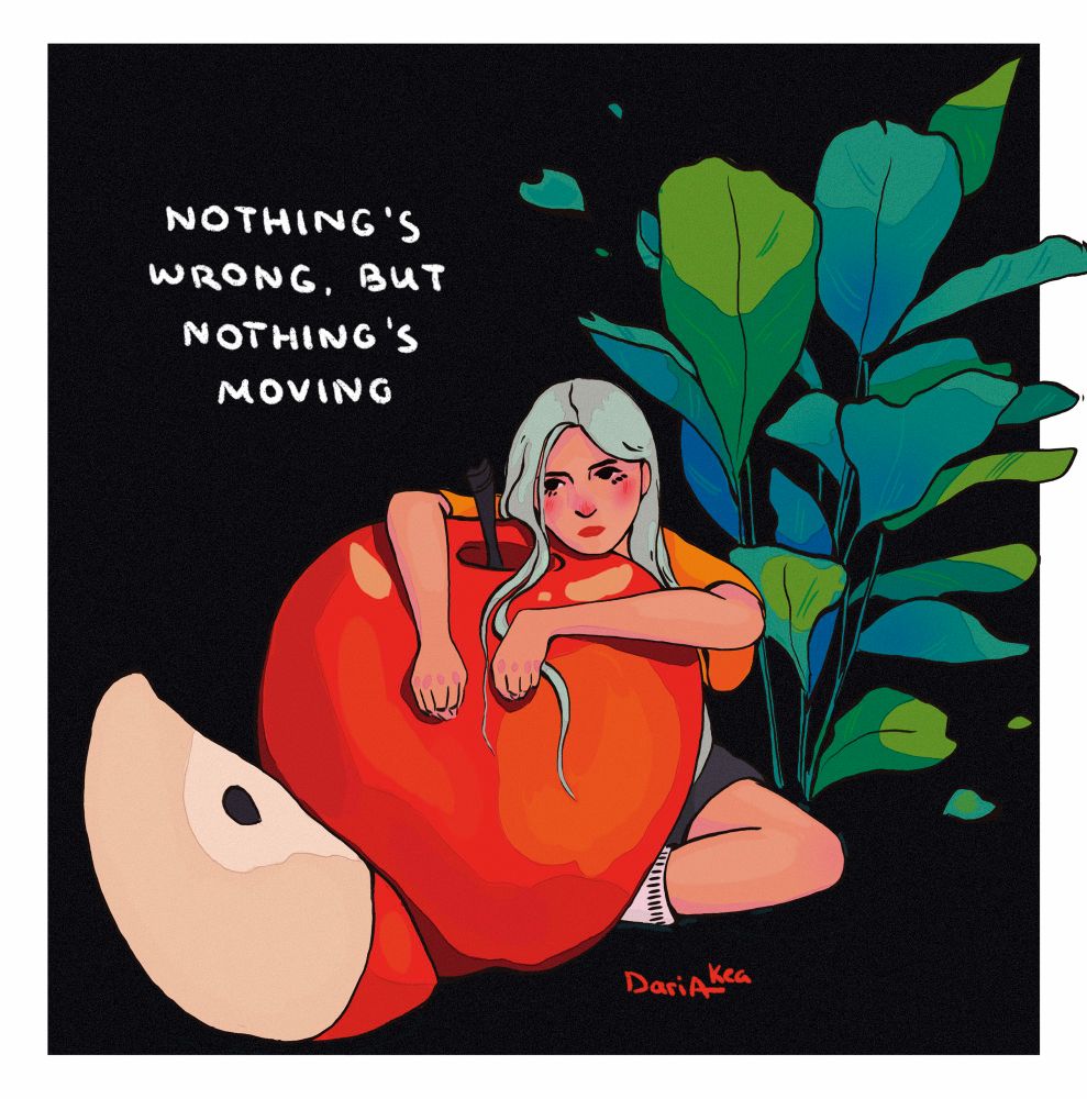 A girl sitting with huge apple, looking bored, the text: nothing is wrong but nothing is moving