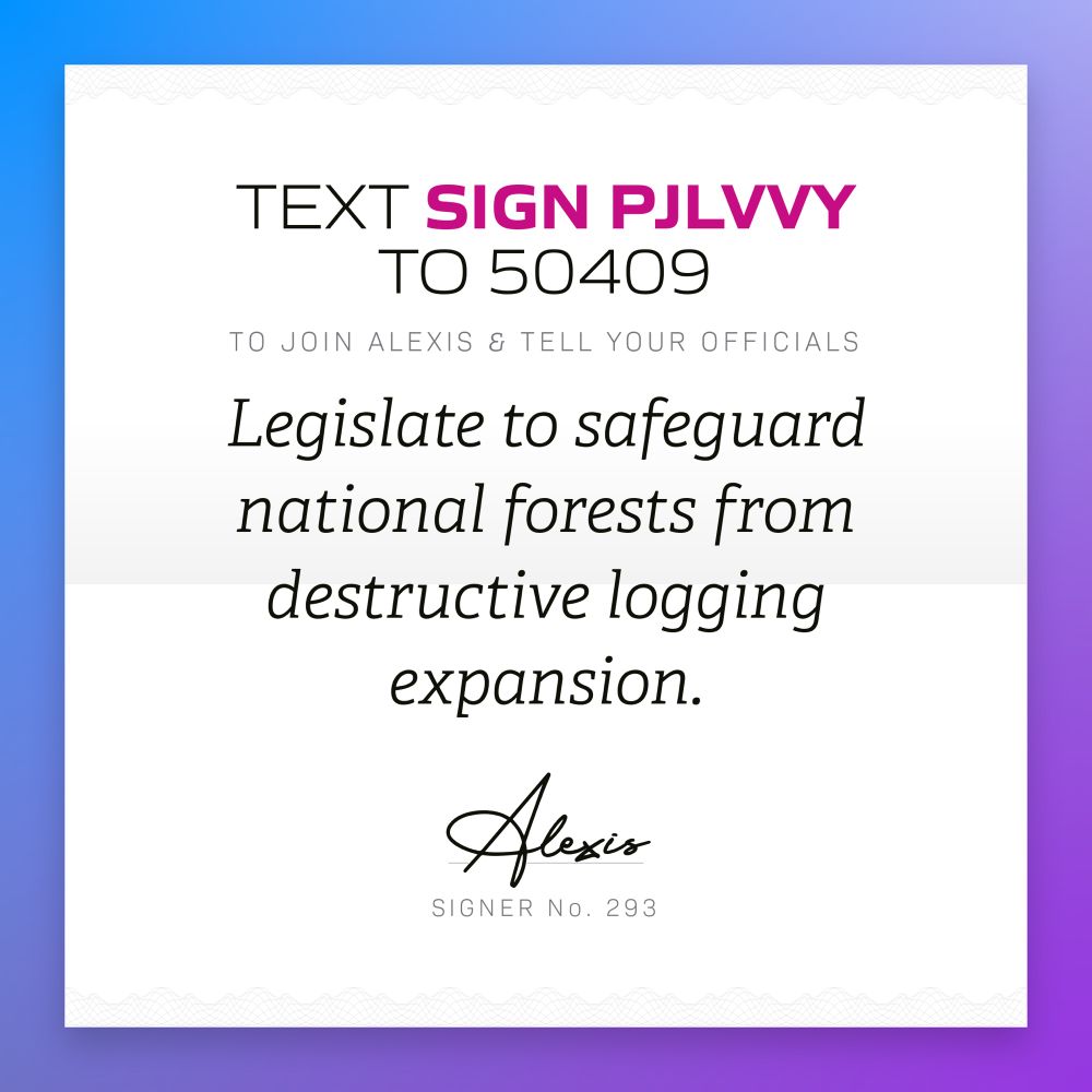 Text SIGN PJLVVY to 50409 to tell your officials “Legislate to safeguard national forests from destructive logging expansion.”