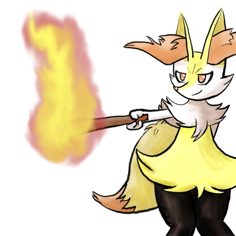 Braixen, a yellow bi-pedal fox pokemon holds out a wand towards the camera, the end of the wand is on fire.