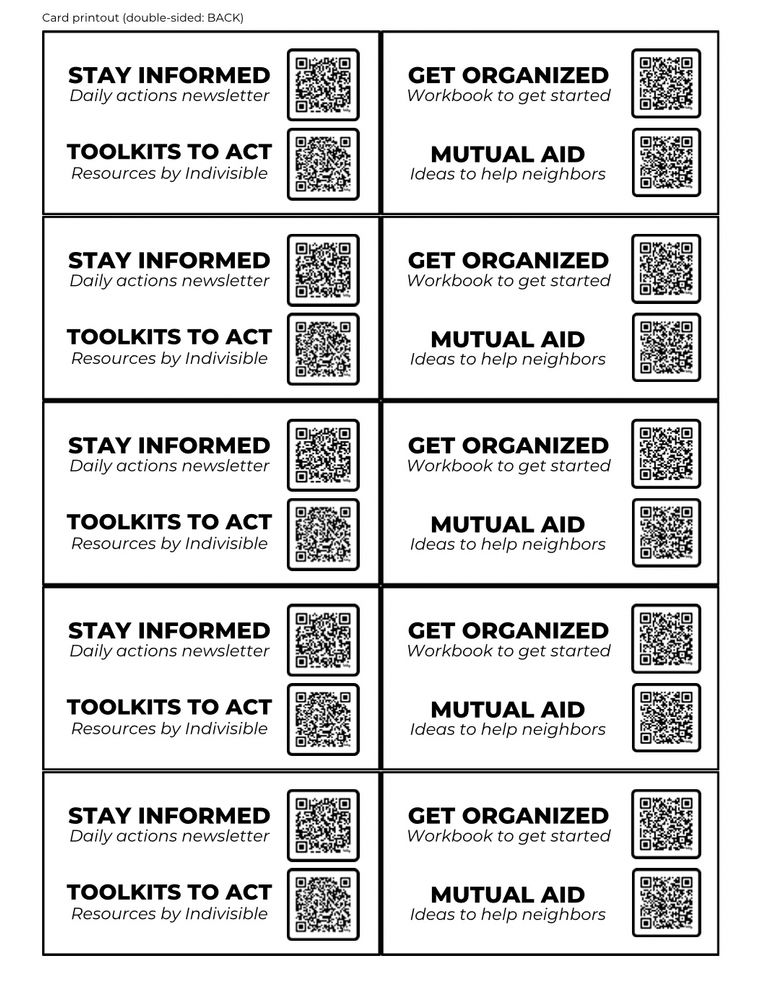 Page of cards for printing, 10 cards on the page (back side). Each card includes QR codes to resource docs for civic engagement and mutual aid