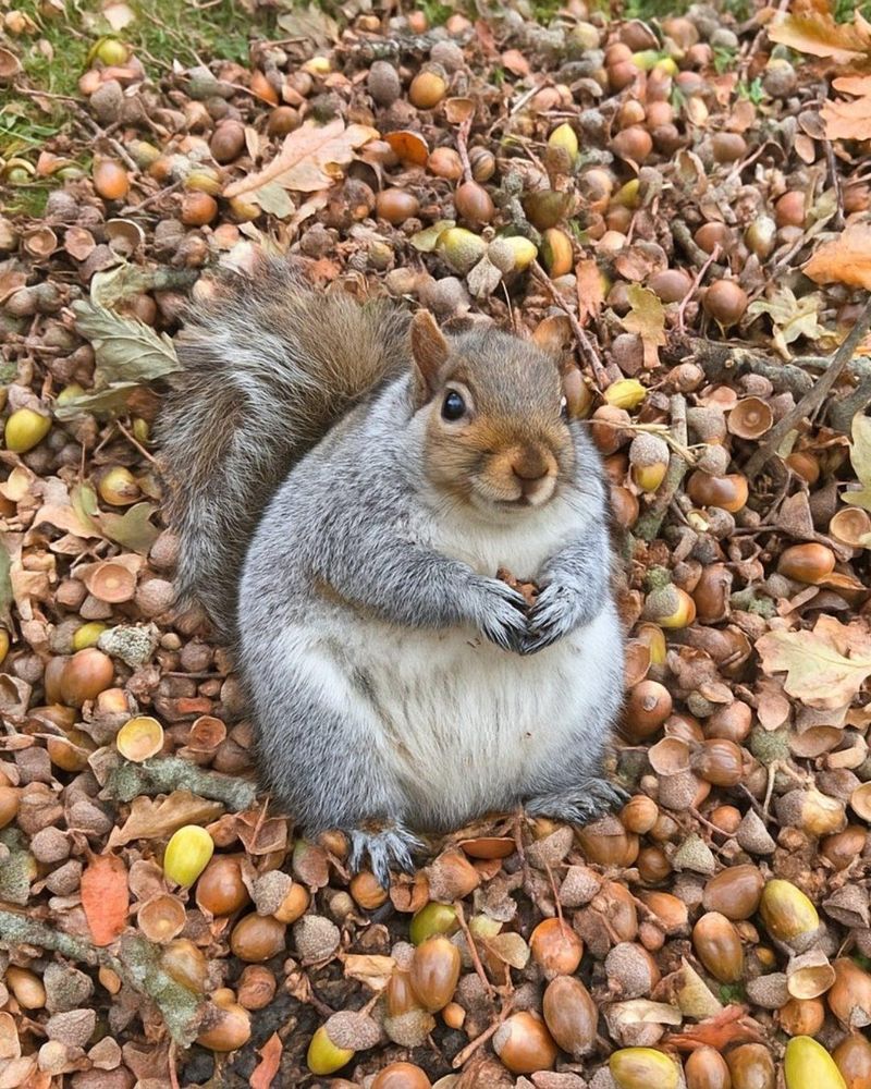 From the National Trust for Scotland | A rather chubby Grey Squirrel sits in Geilston Garden, Cardross on a mound of acorns while clutching some in his tiny paws. 
