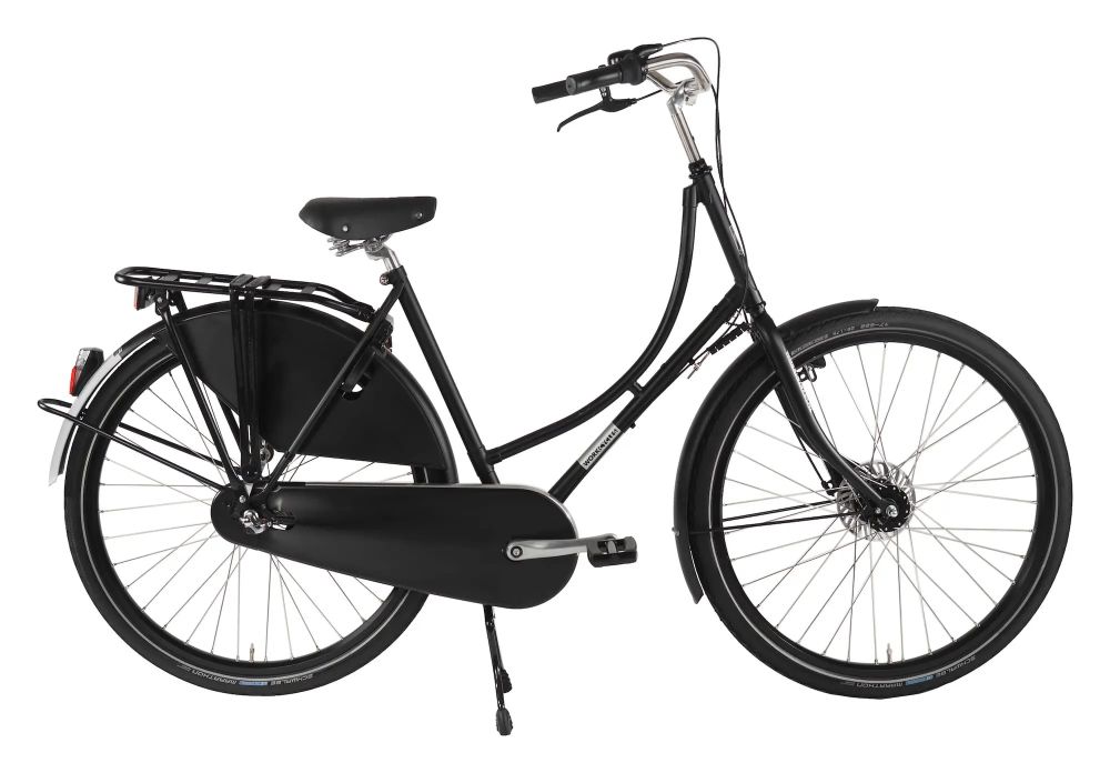 A black old-fashioned upright style bike know as an Omafiets or Granny bike.
