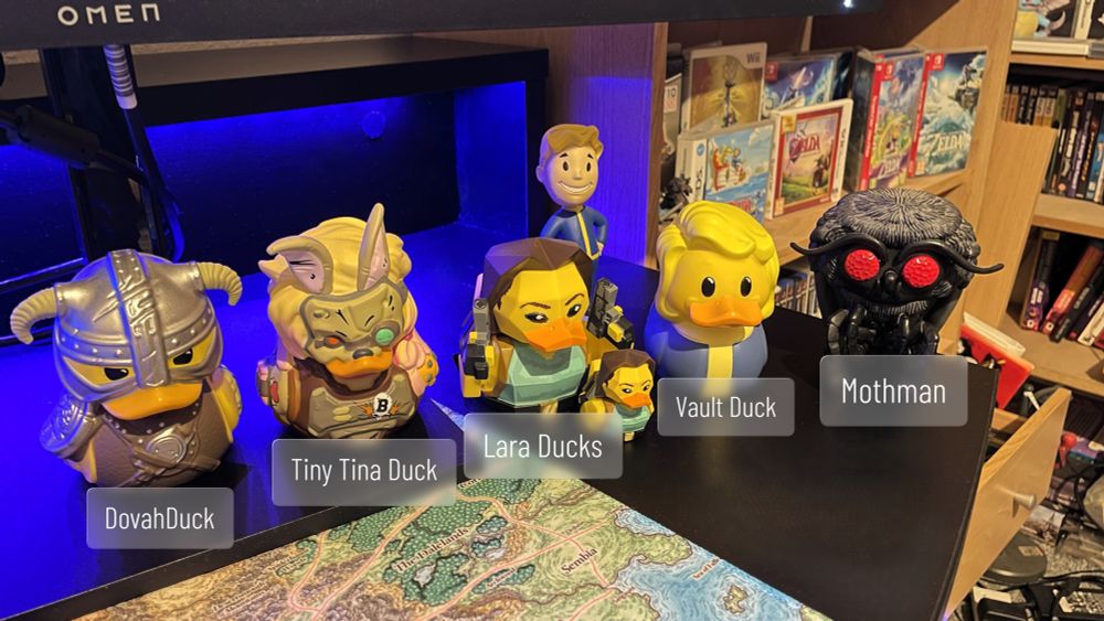 A photo showing my ducks.
There is DovahDuck, from Skyrim, Tiny Tina Duck from Borderlands, Lara Duck from Tomb Raider, Vault Duck from Fallout and Mothman from my heart <3