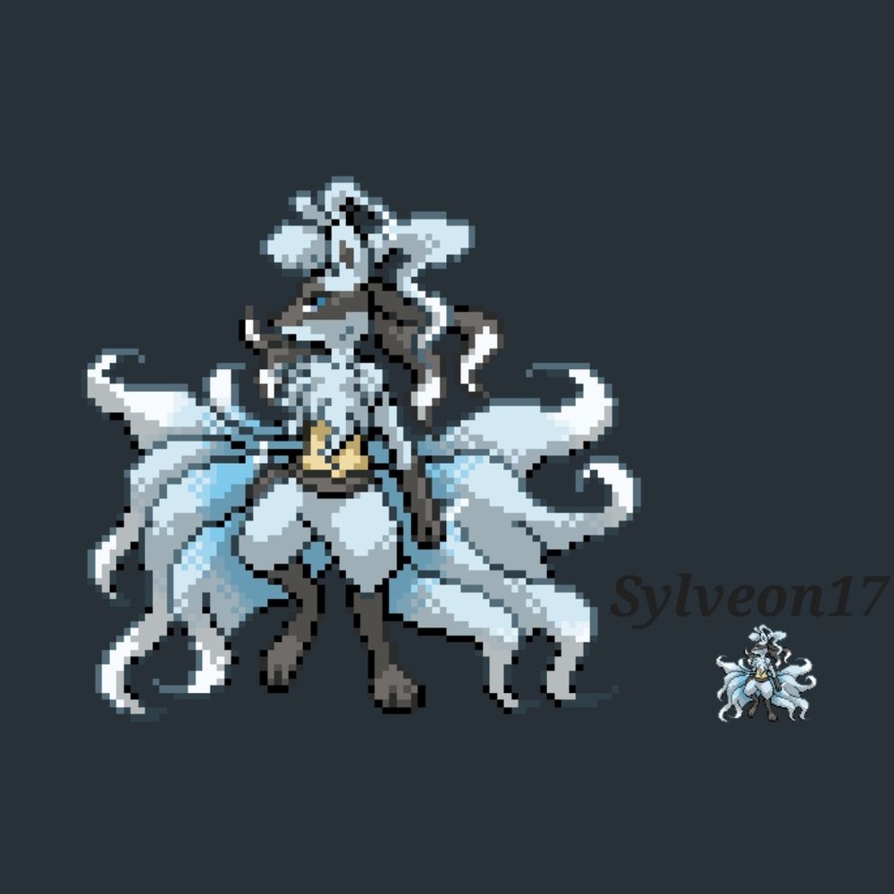Pokemon style sprite of a fusion oc between an alolan Ninetales and a Lucario. Lucario body with nintales colors, fluff, and tail. 