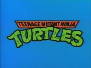 the title credit the cartoon Teenage Mutant Ninja Turtles. The background is blue and the text is orange and green.