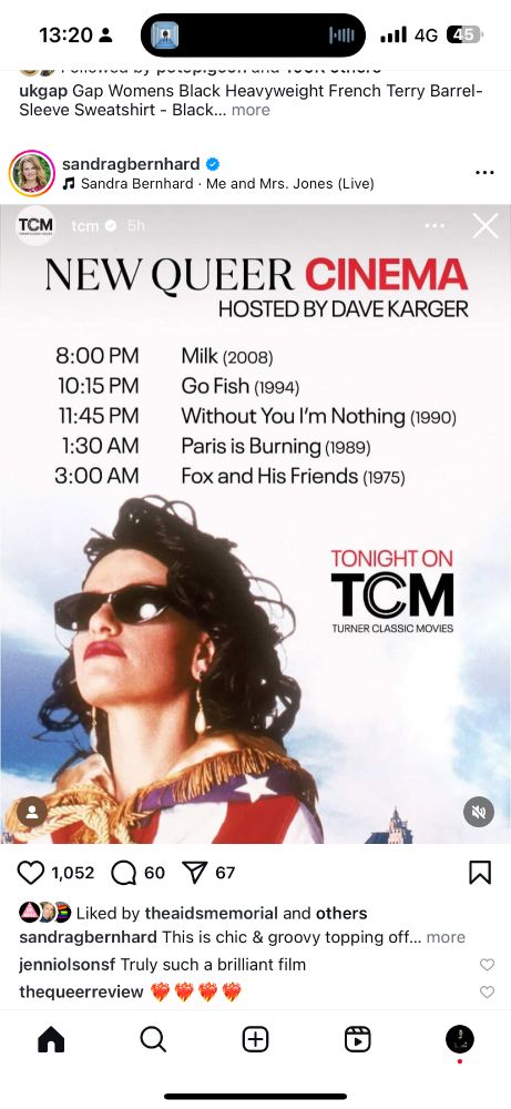 an advert for the TCM network showing an image of Sandra Bernhard in the film Without You I'm Nothing 