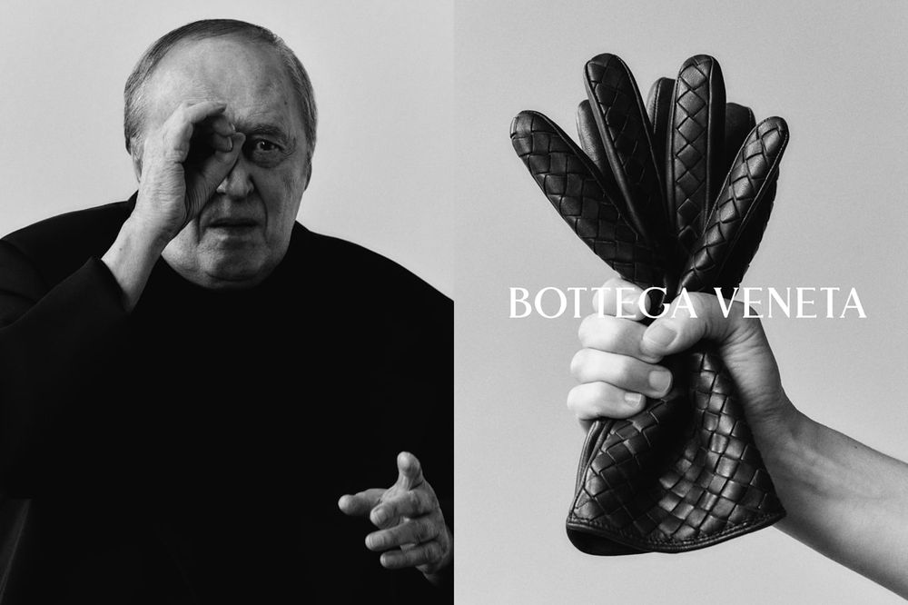 A black and white image split into two photographs. The left panel is Dario Argento and the right panel is a hand holding a pair of gloves. #DarioArgento #Giallo