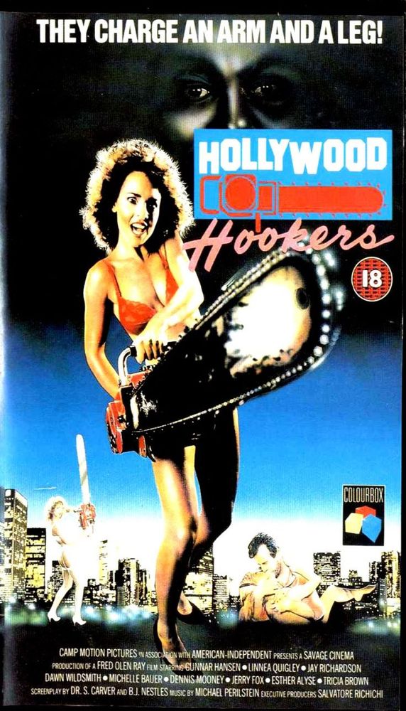 Video box art for the film Hollywood Chainsaw Hookers in which a sex worker in her underwear is holding a chainsaw. The word chainsaw has been replaced by a picture of a chainsaw.