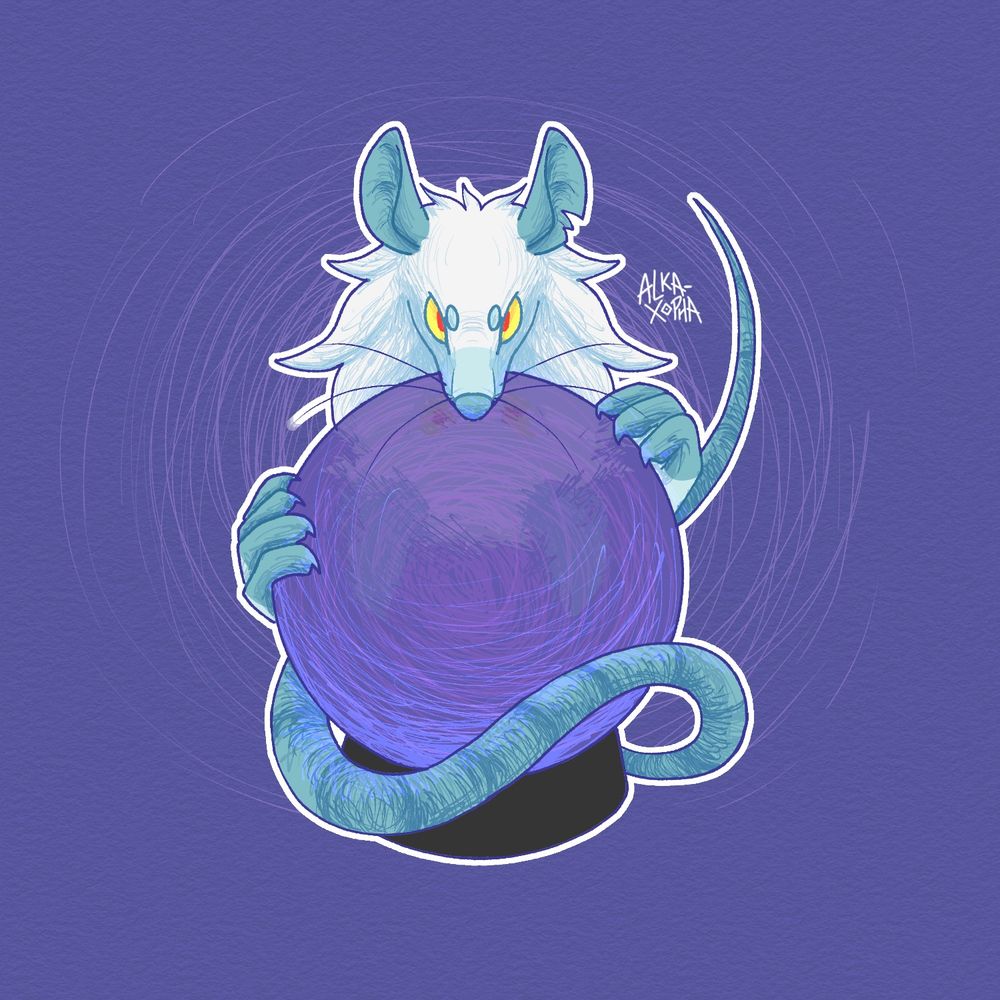 a digital drawing of a white and teal rat with a purple crystal ball
