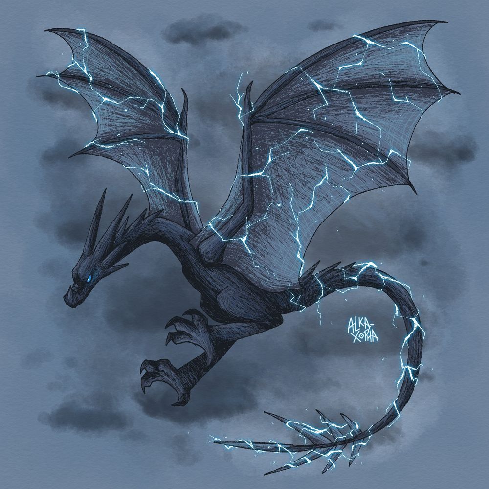 Digital drawing of an electric wyvern flying, with lightning around its wings and dark clouds in the background. Based on the album Tormenta Electrica by Rata Blanca