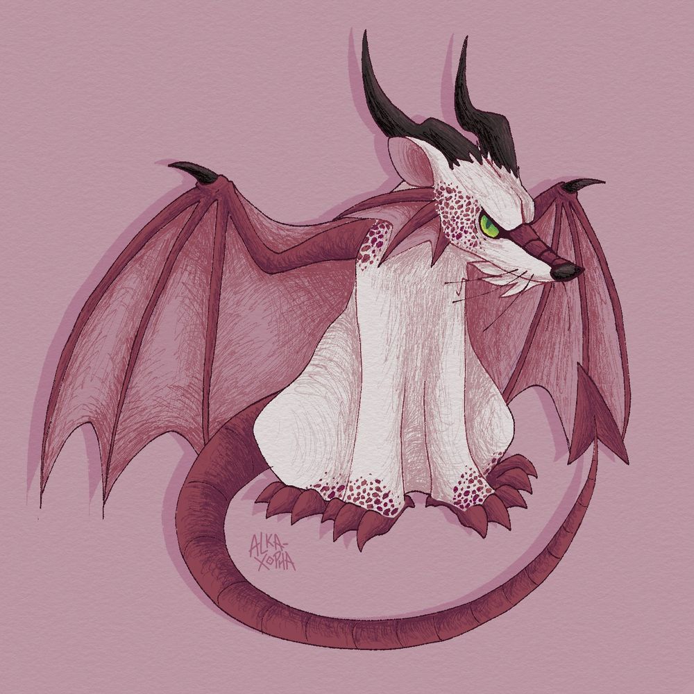 a digital drawing of a red dragon and white rat hybrid 