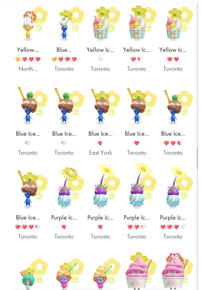 A screenshot showing ice cream themed Pikmin from the mobile game Pikmin Bloom