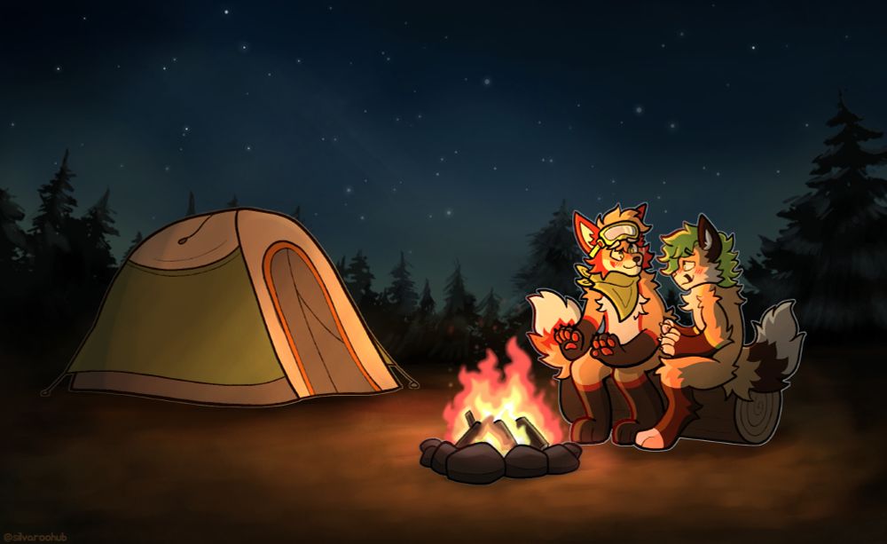 Maple, a fox with goggles, is sitting with his partner Ramen, a fox with green hair. Both are putting their paws above the campfire, while they both glance at each other. The setting is a dark forest with pine trees around them.