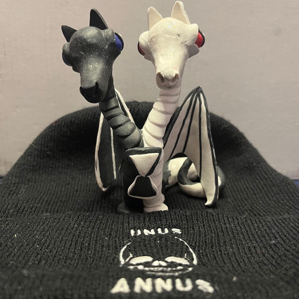 Front view of a two-headed black and white dragon with blue eyes on the left side, red eyes on the right, a black and white hourglass motif on the chest, a black wing with white details on the left, a white wing with black details on the right, on top of a black Unus Annus beanie with a skull on the brim