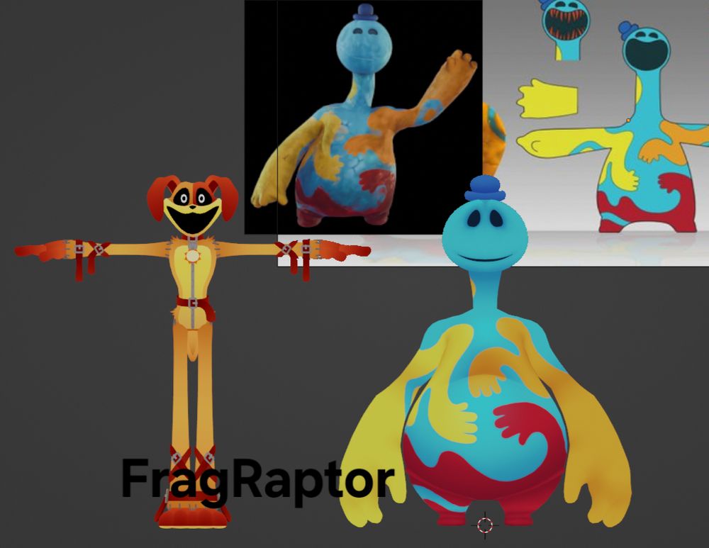 Image shows two 3D models in blender (bottom) and two 2D images as reference (top). The reference images are Doey's in-game model (left) and his concept art (right). The 3D Models are stylized versions of Dogday (left) and Doey (right)