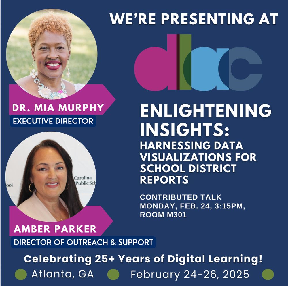 We're presenting at DLAC: Enlightening Insights: Harnessing data visualizations for school district reports. Contributed talk, Feb 24 at 3:15pm, Room M301 in Atlanta, GA.