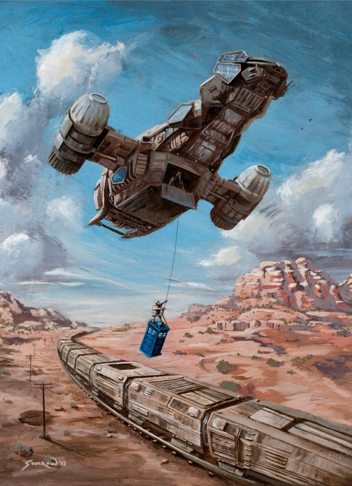 The Time Job, an illustrated scene of Serenity taking off with the TARDIS