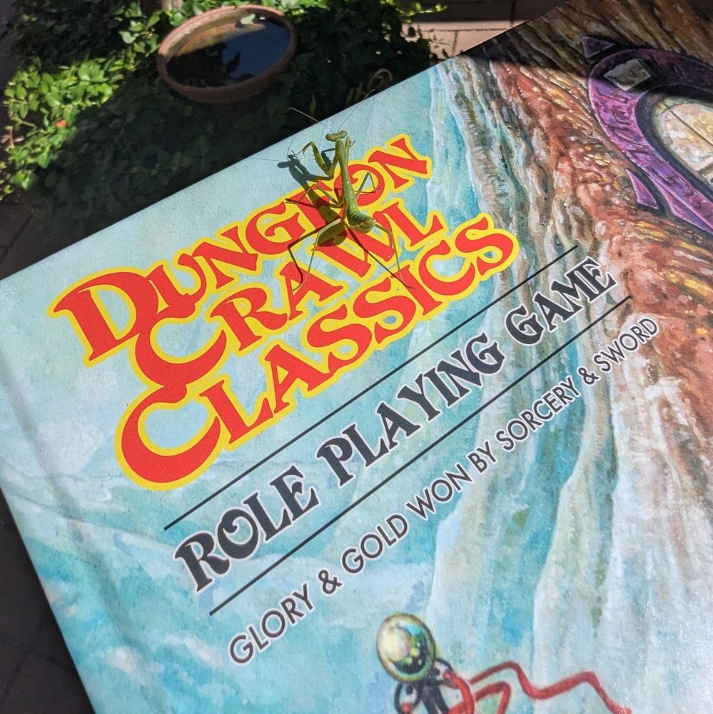A prayIng mantis perched atop a Dungeon Crawl Classics role playing game core book. 