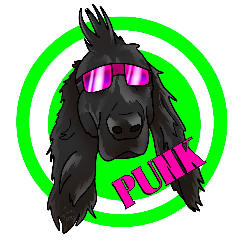 Drawing of a cool punk dog, black with long ears and a Mohawk. Text says "PUNK"