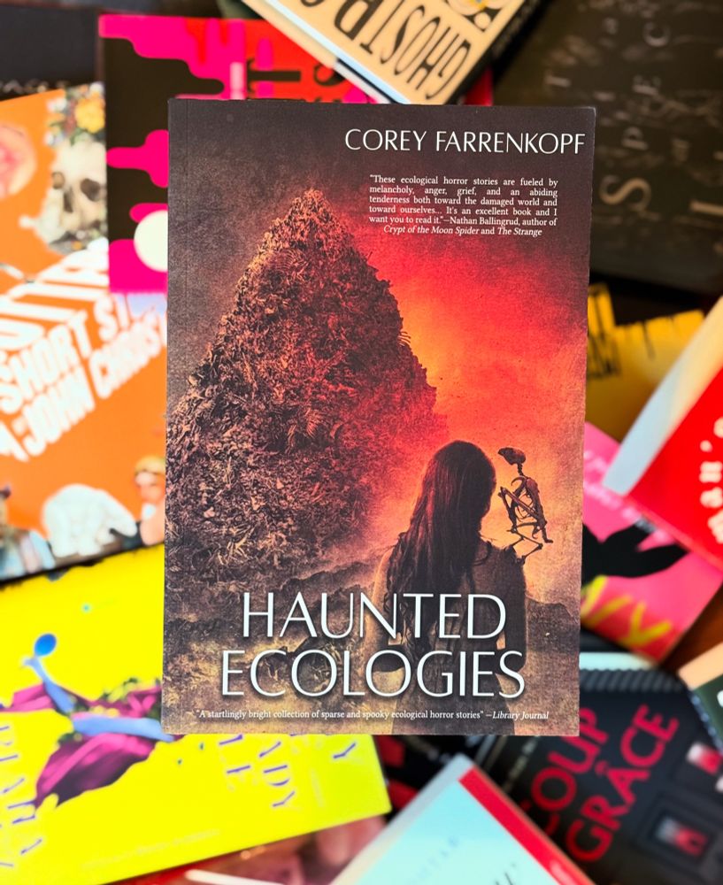 A photo of my book, Haunted Ecologies, sitting on top of a bunch of other books. 