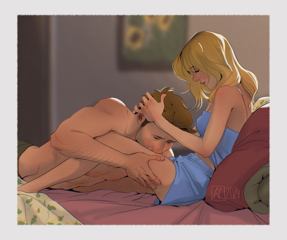 illustration of Tyler Owens and Kate Carter from movie Twisters; both are in bed in their bedroom; Tyler is shirtless and kissing Kate's scarred thigh; Kate is propped up on the pillows, in blue pyjamas, having her hands in Tyler's hair; in the background there is a painting of sunflowers