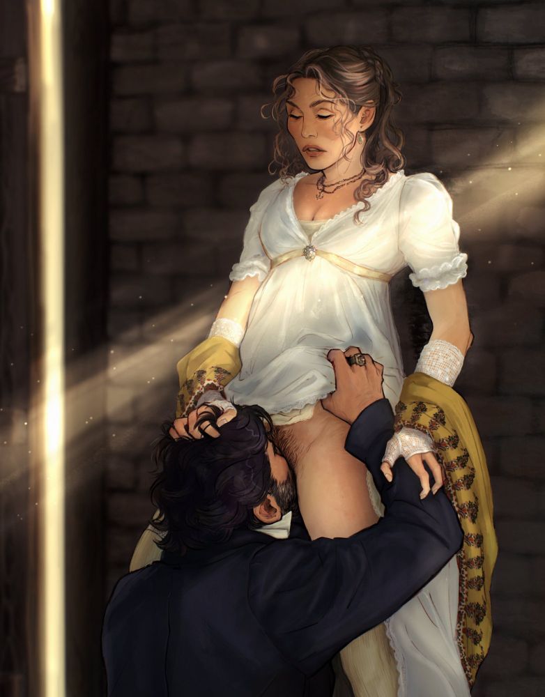 illustration of a regency man eating out his wife; they are in a secluded dark place built with grey stone brick, strip of light coming from the outside through unclosed door; the man is kneeling in front of his wife, scooting her gown up, his face dug into her clit; he's wearing dark blue jacket; the woman is standing in a white flowy gown, her back leaning over the brick wall, a golden shawl hanging from her forearms; her right hand in her husband's hair, the left clutching over man's forearm; a ray of sun coming from somewhere outside crossing through the whole piece