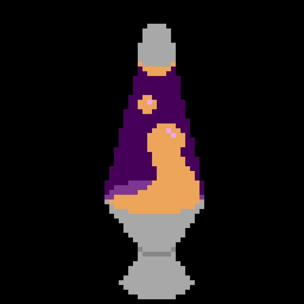 pixel art lava lamp with silver base and cap with purple liquid and yellow wax inside