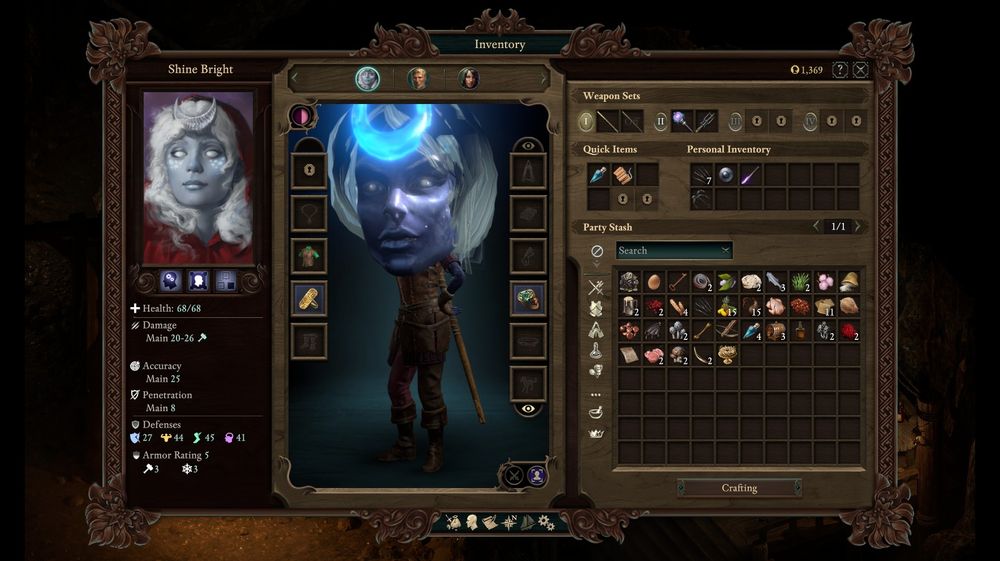 my main player character's inventory page in pillars of eternity 2: deadfire. the character is a female moon godlike with blue skin and greyish blue hair. there is a crescent moon shaped glowing horn on her forehead. she has a huge head.