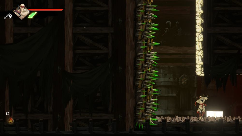 Shinobi: Art of Vengeance screenshot. A jumping puzzle with a green spikes 