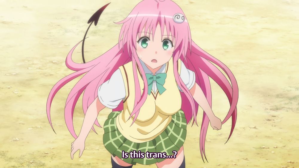 Screencap from the anime "To Love Ru Darkness 2nd." The subtitle reads "Is this trans...?"