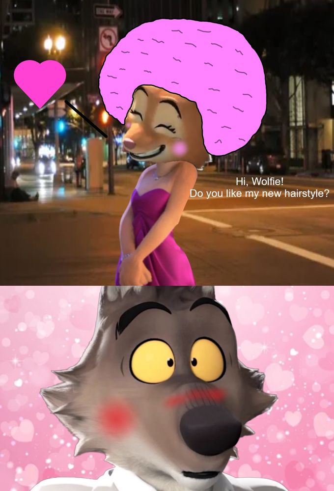 Diane Foxington goes to the barber shop, and had a pink fluffy afro, and make Mr. Wolf's nervous in love.