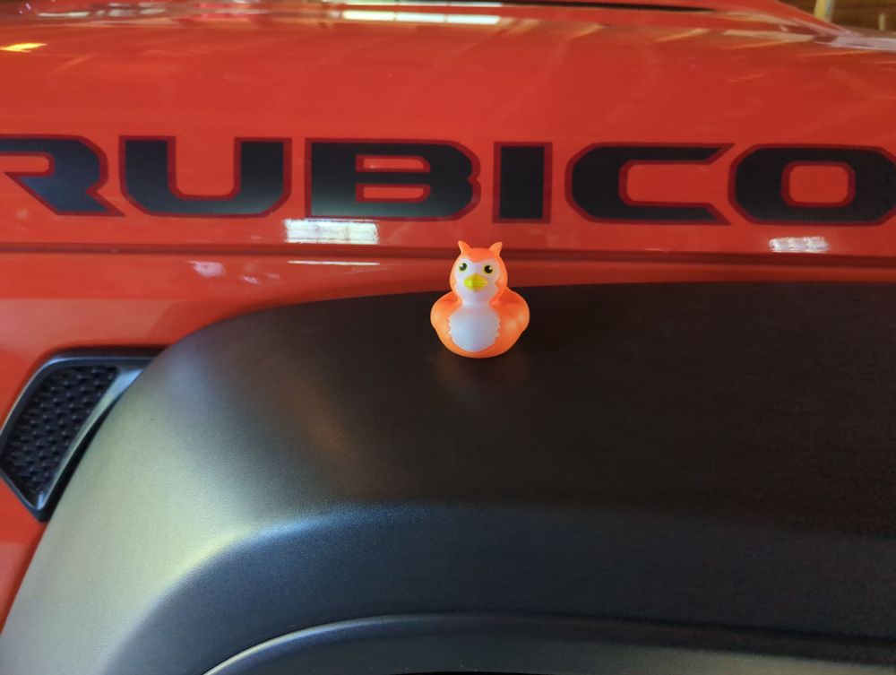 Photo of a small, orange rubber ducky resembling an owl sitting on the front fender of an orange Jeep Rubicon.