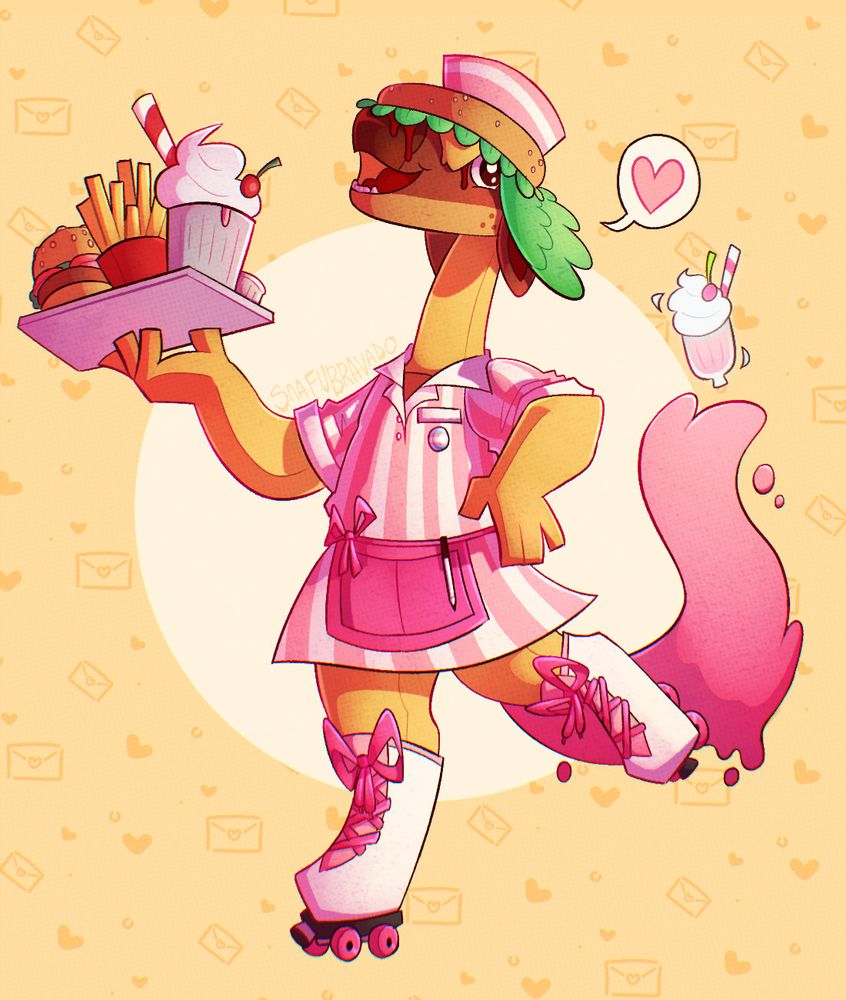 A drawing of an anthropomorphic chicoon character. The chicoon's head and face look similar to a cheeseburger, her limbs and neck look like french fries, and her tail looks like it's made of strawberry milkshake. Her tail flame is shaped like a strawberry milkshake in a glass with whipped cream and a cherry. She skates on pink rollerskates with a tray of food balanced in one hand, the food is a classic hamburger meal with fries and a shake. She looks off-camera with a grin. There's a small speech bubble next to her with a pink heart in it.