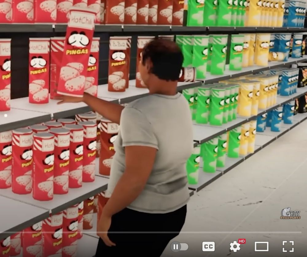 A Unity asset-man holds a Unity asset-tube of what appear to be Pringles, but are actually branded 'Pingas'.