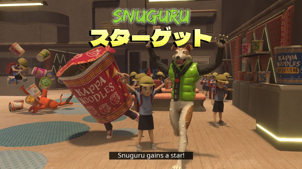 A celebratory scene in a noodle-themed museum titled 'Noodle Museum.' The character Snuguru is highlighted with text reading 'Snuguru gains a star!' and Snuguru Maestro is in a celebratory pose. 