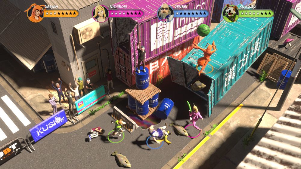 A lively harbour scene titled 'Yolko Harbour'. The scene is vibrant and colourful, with many strange obstacles in the scene. The characters are falling over banana peels and fish that are in the way.