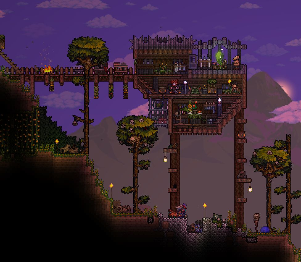 This house is in the Spirit Mod's new briar biome. The two npcs living here are the rouge and the adventurer, so i wanted to give the building a more "adventurer's quarters" sort of feel, with various utilities. I also used ebonwood and spiky roofing patterns to match the spooky vibe of the whole biome. Outside the main base this is probably my favorite build.