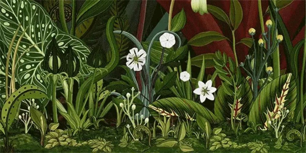 a painting of a lush green jungle with white flowers and leaves